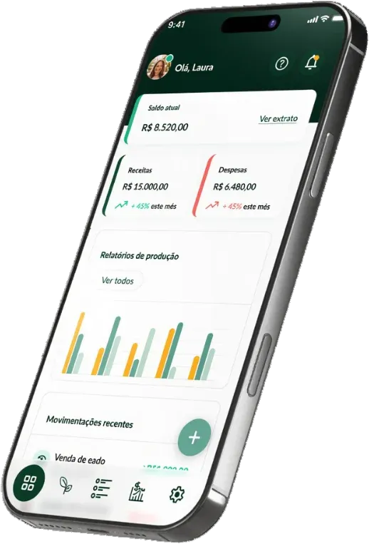A smartphone displays a financial app screen showing account balance, income, expenses, production reports, and recent transactions.